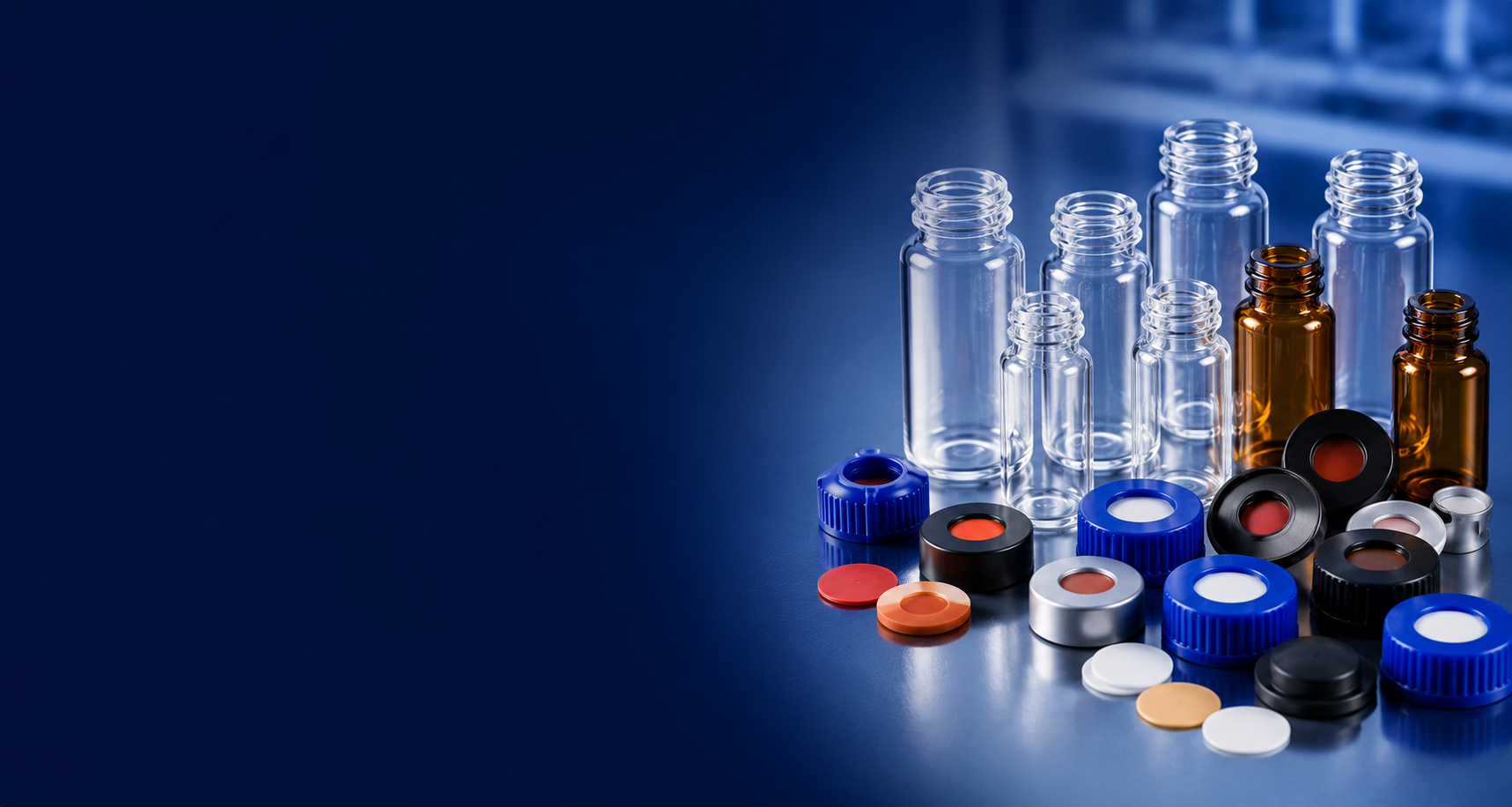 Laboratory chromatography vials, caps, and septa for HPLC, GC, and LCMS sample preparation and storage.