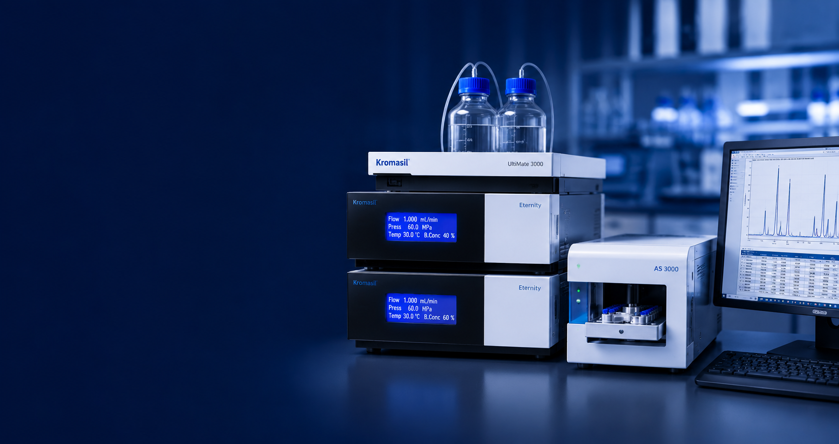 High-performance HPLC analytical instrument with autosampler and chromatography software for laboratory analysis.