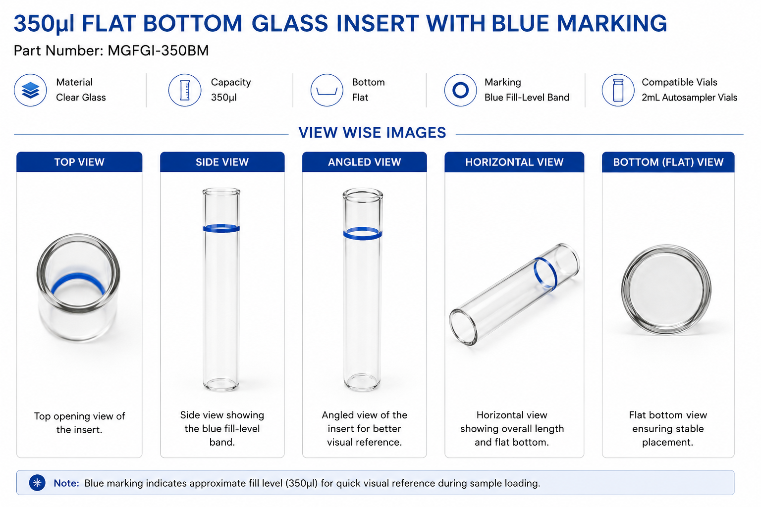350µl Flat Bottom Glass Insert with Blue Marking