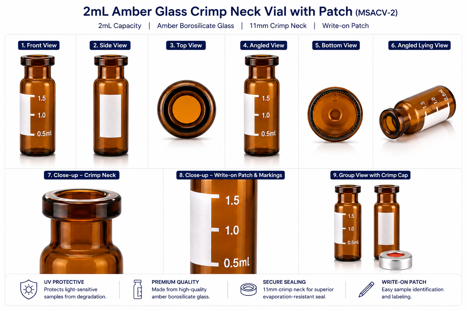 2mL Amber Glass Crimp Neck Vial with Patch