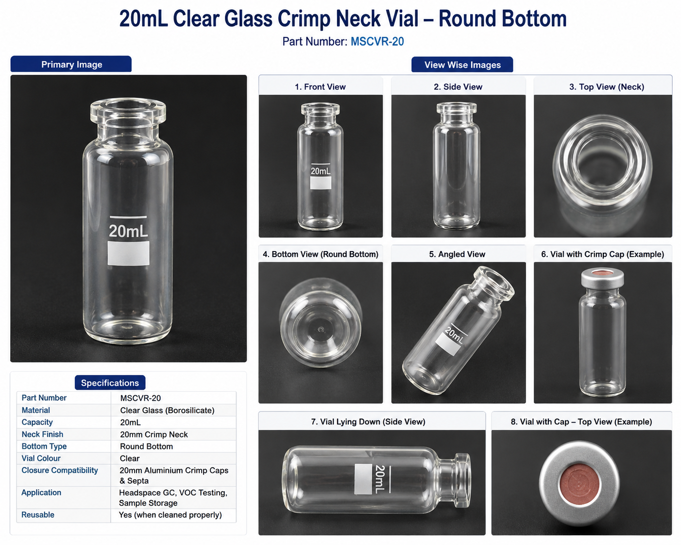 20mL Clear Glass Crimp Neck Vial – Round Bottom
