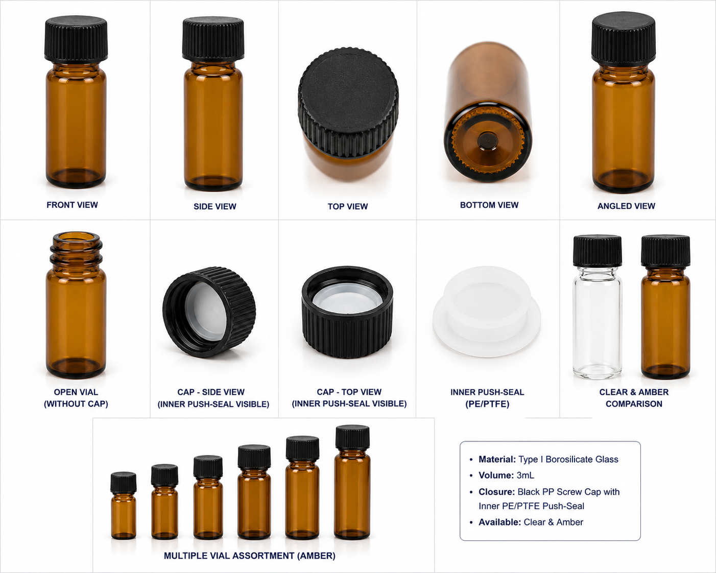3mL Amber / Clear Glass Screw Neck Storage Vial with Inner Push & Black Cap