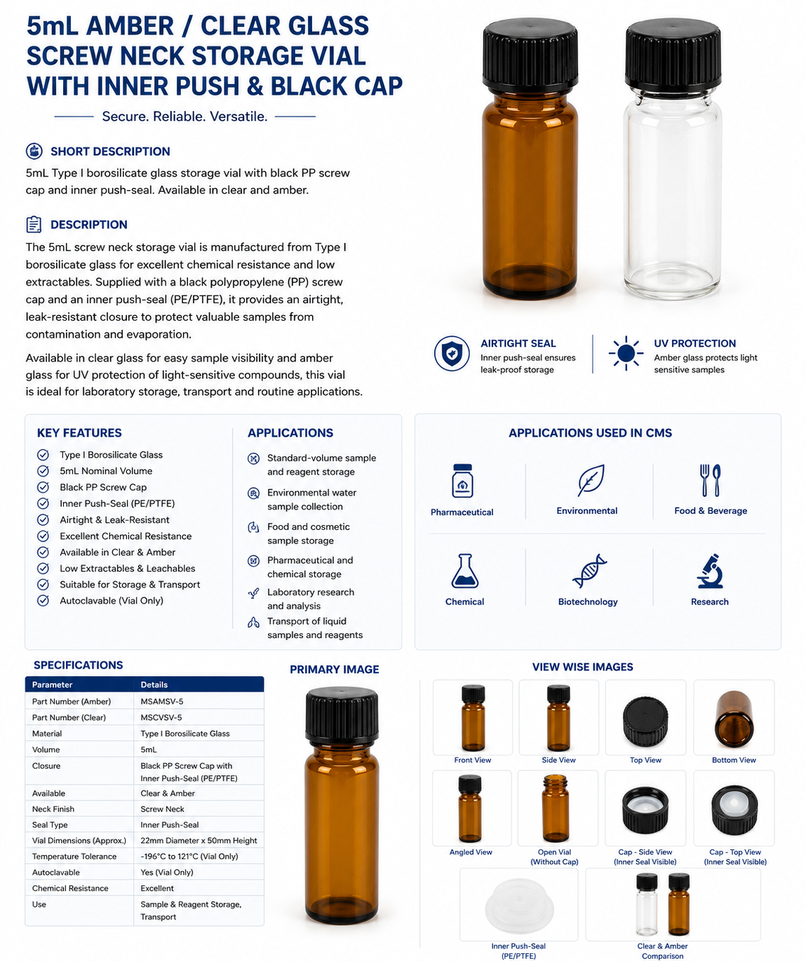 5mL Amber / Clear Glass Screw Neck Storage Vial with Inner Push & Black Cap
