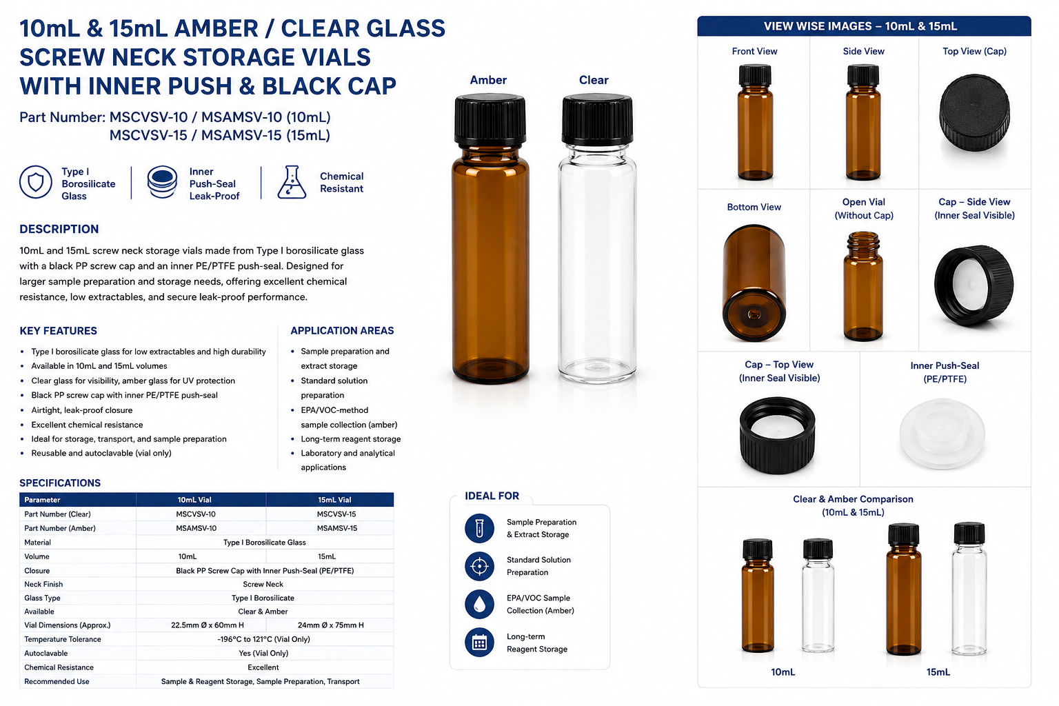 10mL & 15mL Amber / Clear Glass Screw Neck Storage Vials with Inner Push & Black Cap