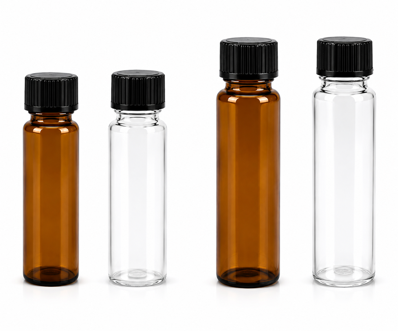 10mL & 15mL Amber / Clear Glass Screw Neck Storage Vials with Inner Push & Black Cap