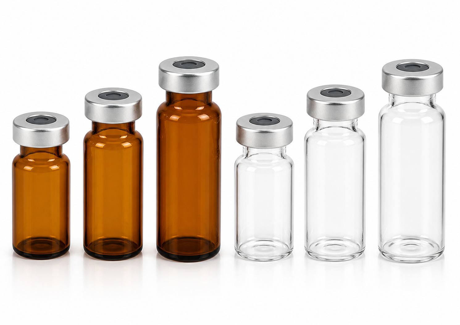 5mL / 10mL / 15mL Amber / Clear Glass Crimp Neck Vial with Rubber Stopper & Aluminium Seal