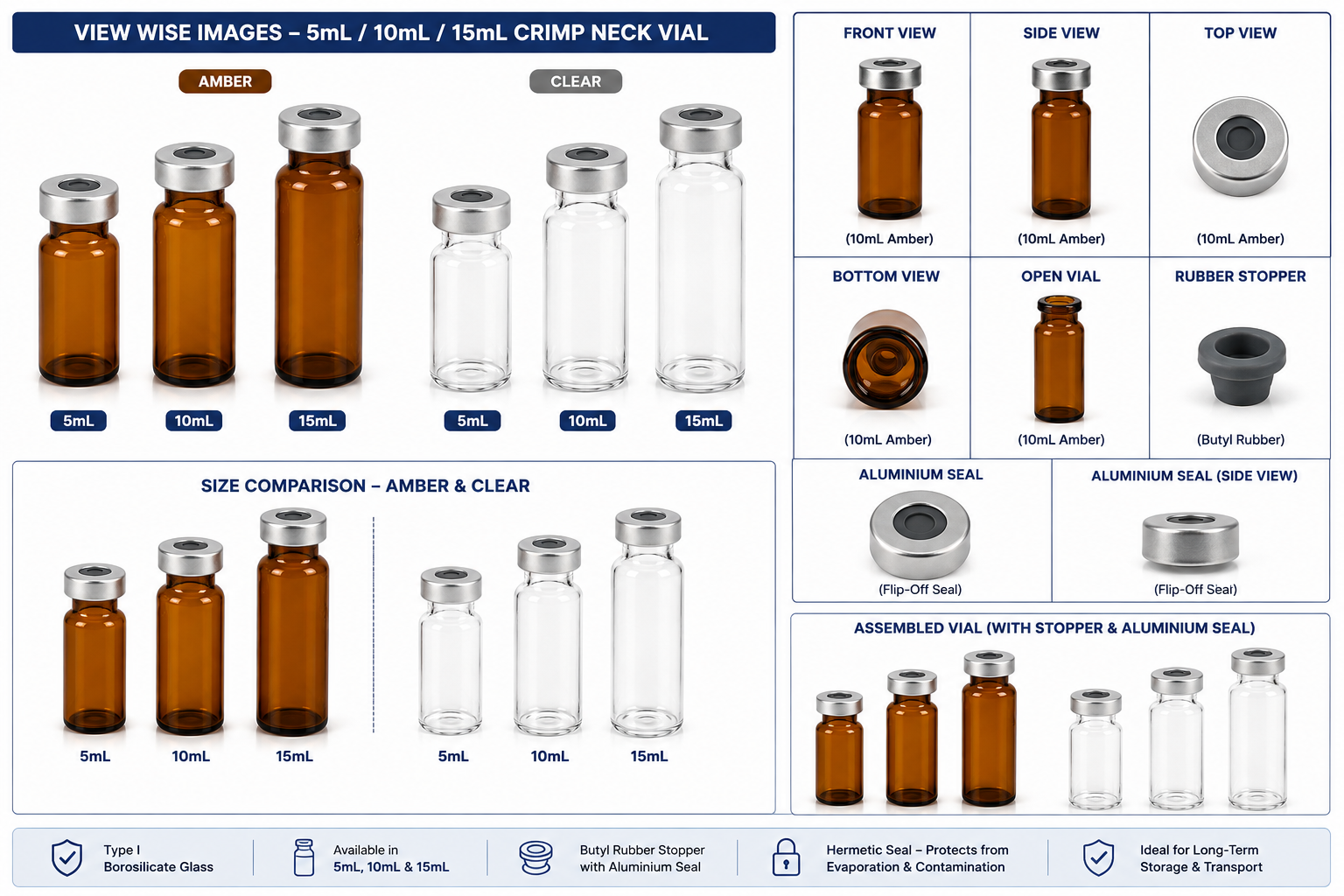 5mL / 10mL / 15mL Amber / Clear Glass Crimp Neck Vial with Rubber Stopper & Aluminium Seal