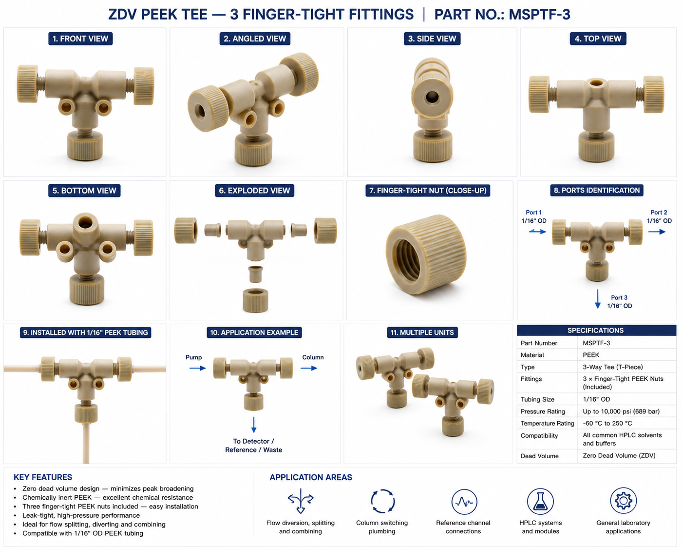 ZDV PEEK Tee – 3 Finger-Tight Fittings