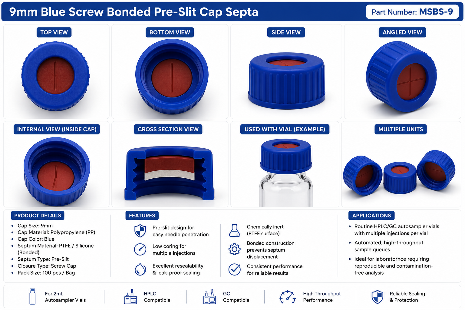 9mm Blue Screw Bonded Pre-Slit Cap Septa