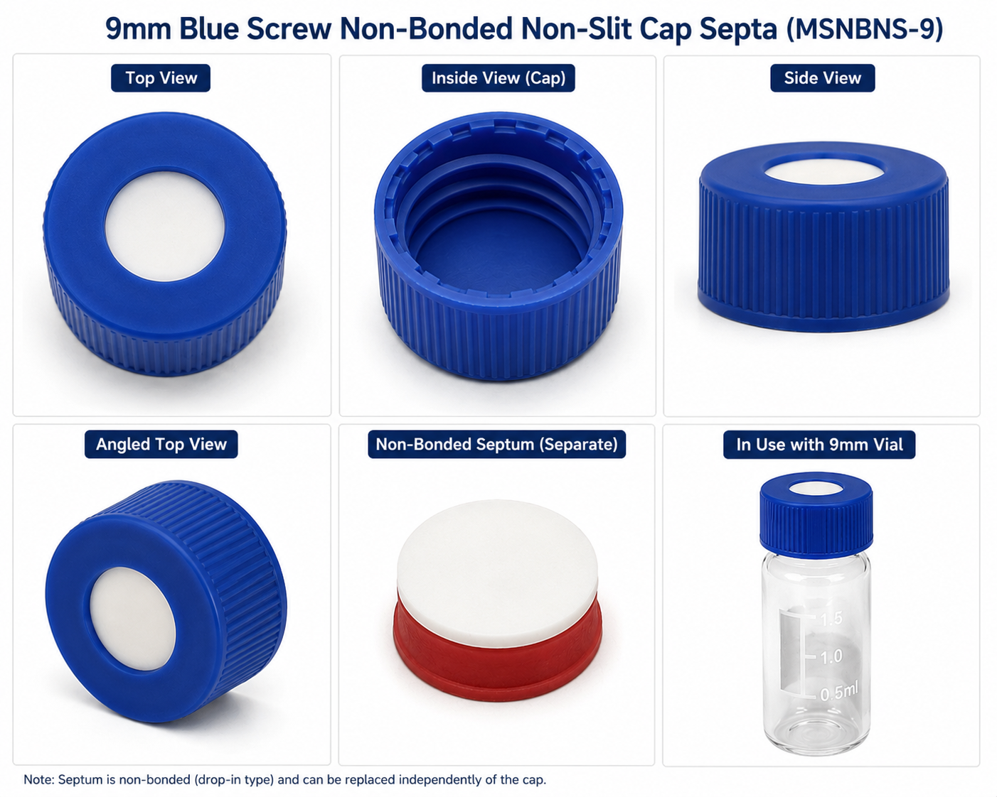 9mm Blue Screw Non-Bonded Non-Slit Cap Septa