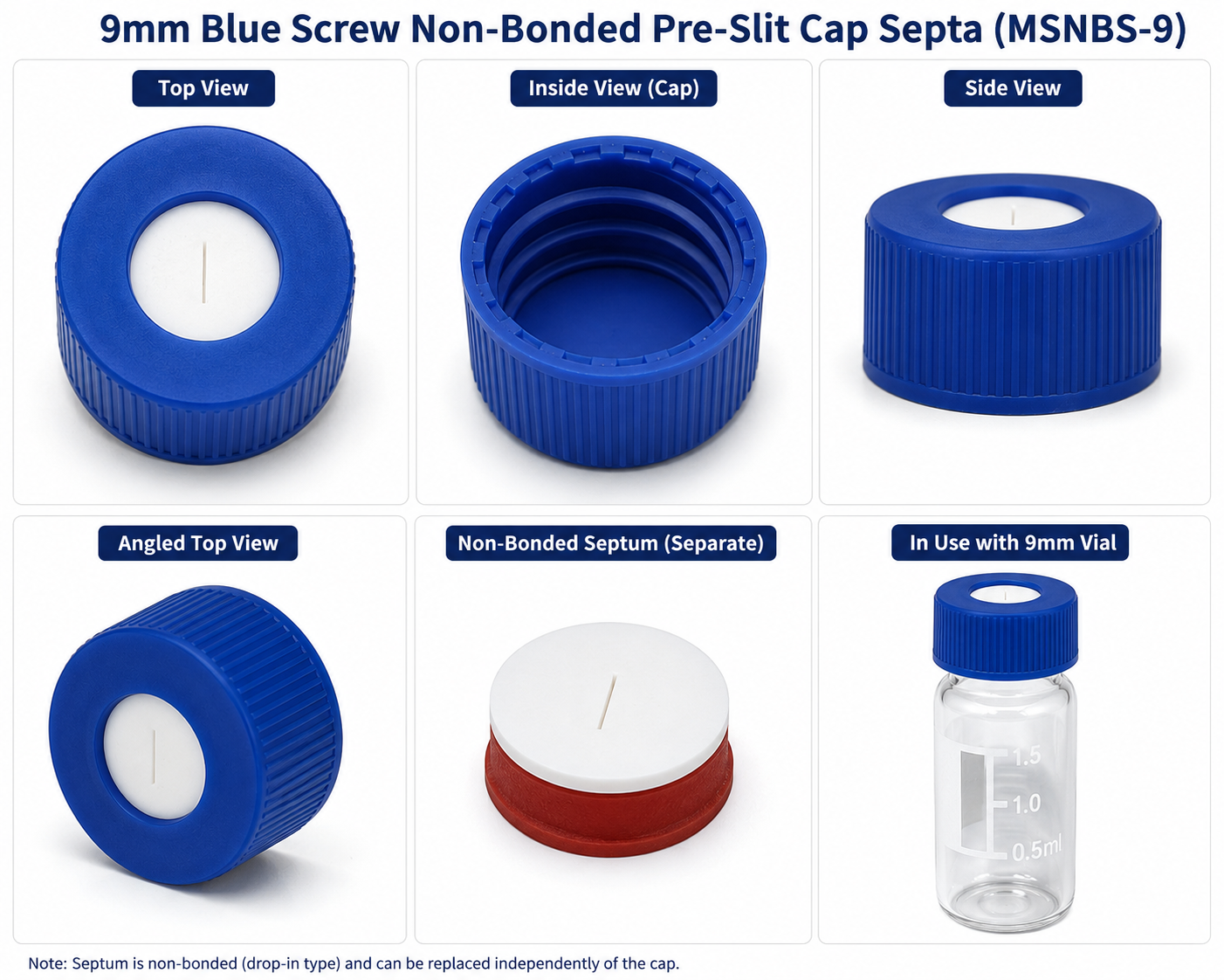 9mm Blue Screw Non-Bonded Pre-Slit Cap Septa