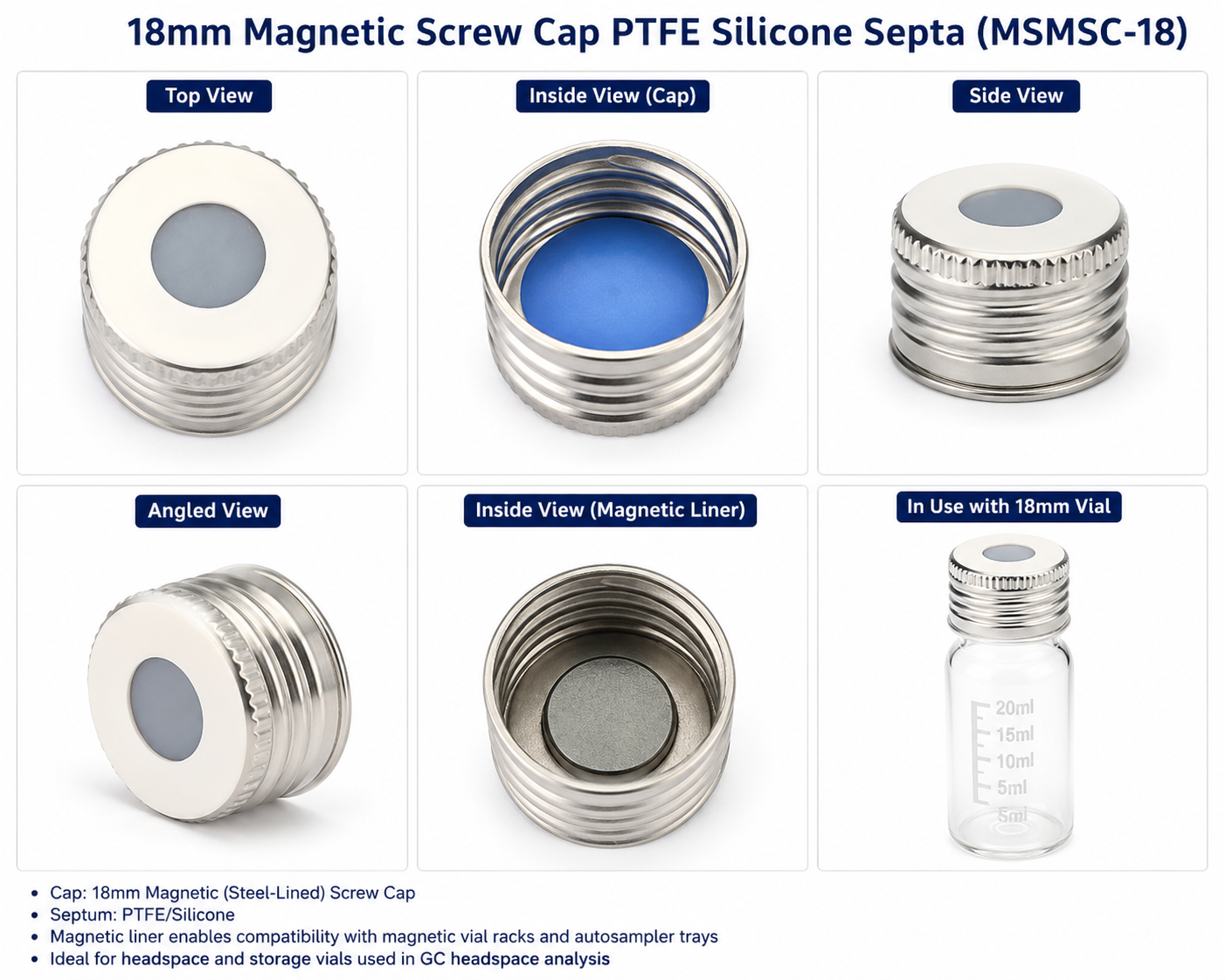 18mm Magnetic Screw Cap PTFE/Silicone Septa