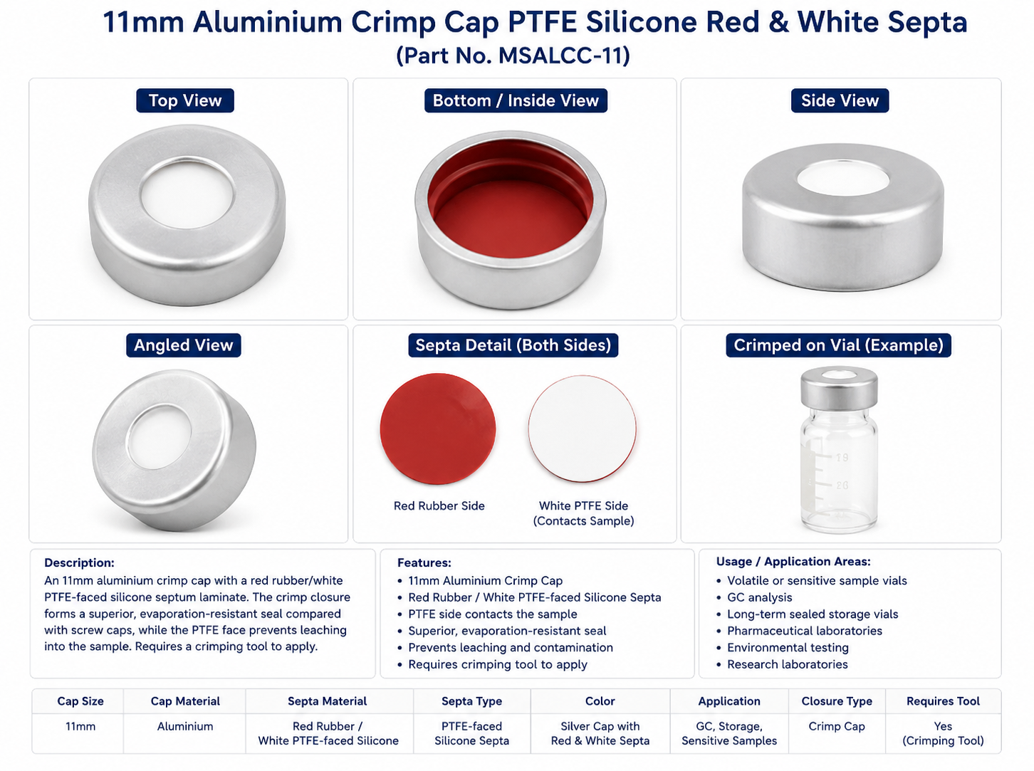 11mm Aluminium Crimp Cap PTFE/Silicone Red & White Septa