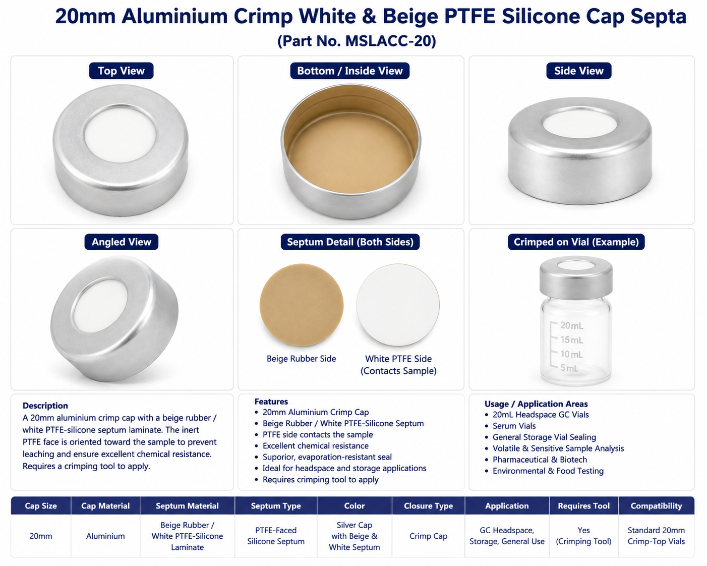20mm Aluminium Crimp White & Beige PTFE/Silicone Cap Septa