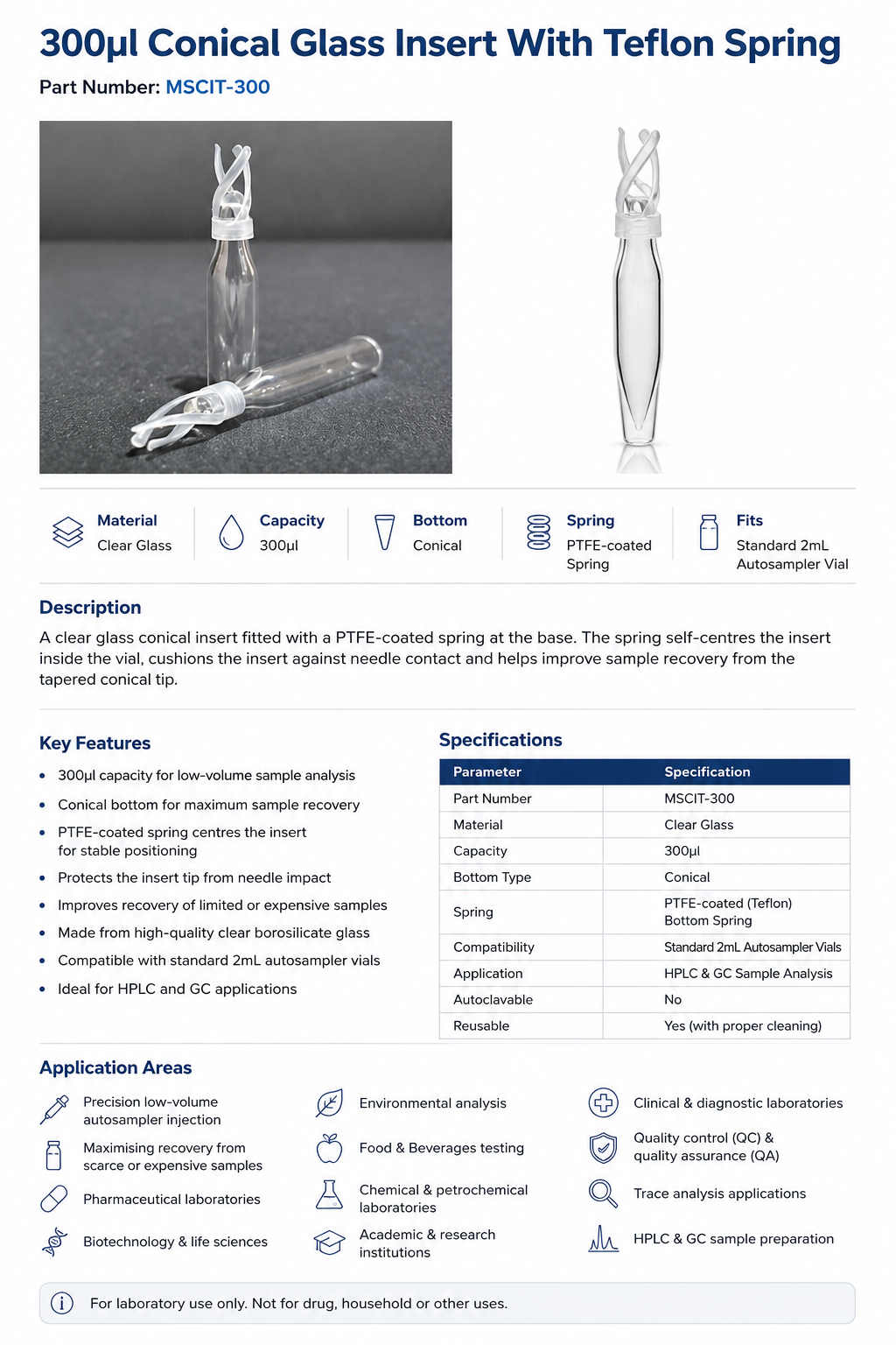 300µl Conical Glass Insert With Teflon Spring