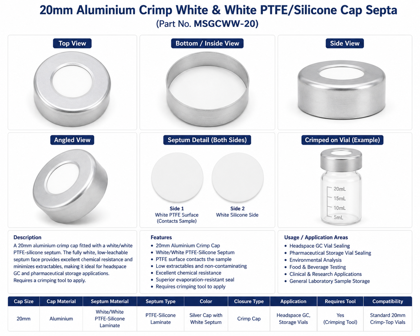 20mm Aluminium Crimp White & White PTFE/Silicone Cap Septa