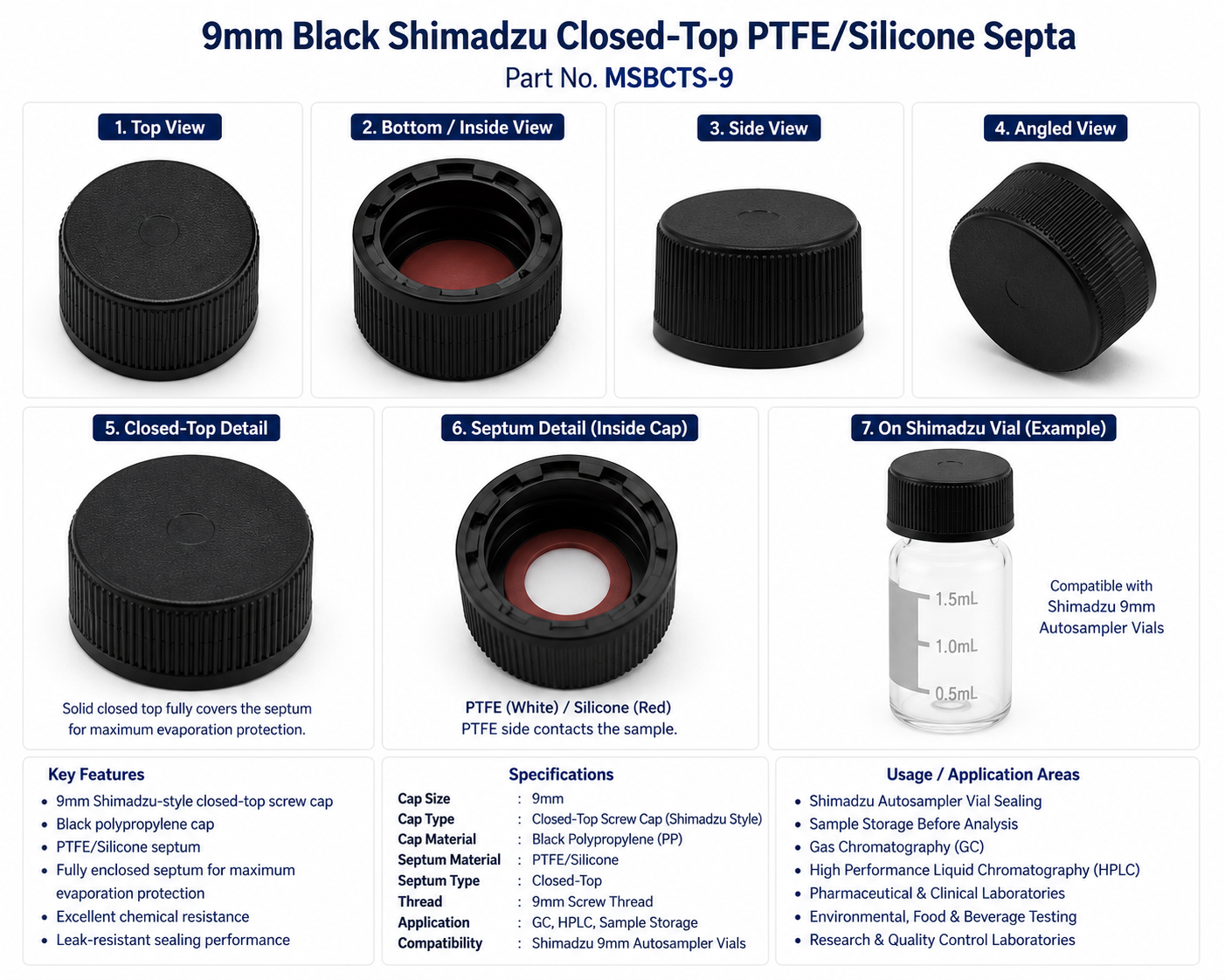 9mm Black Shimadzu Closed-Top PTFE/Silicone Septa
